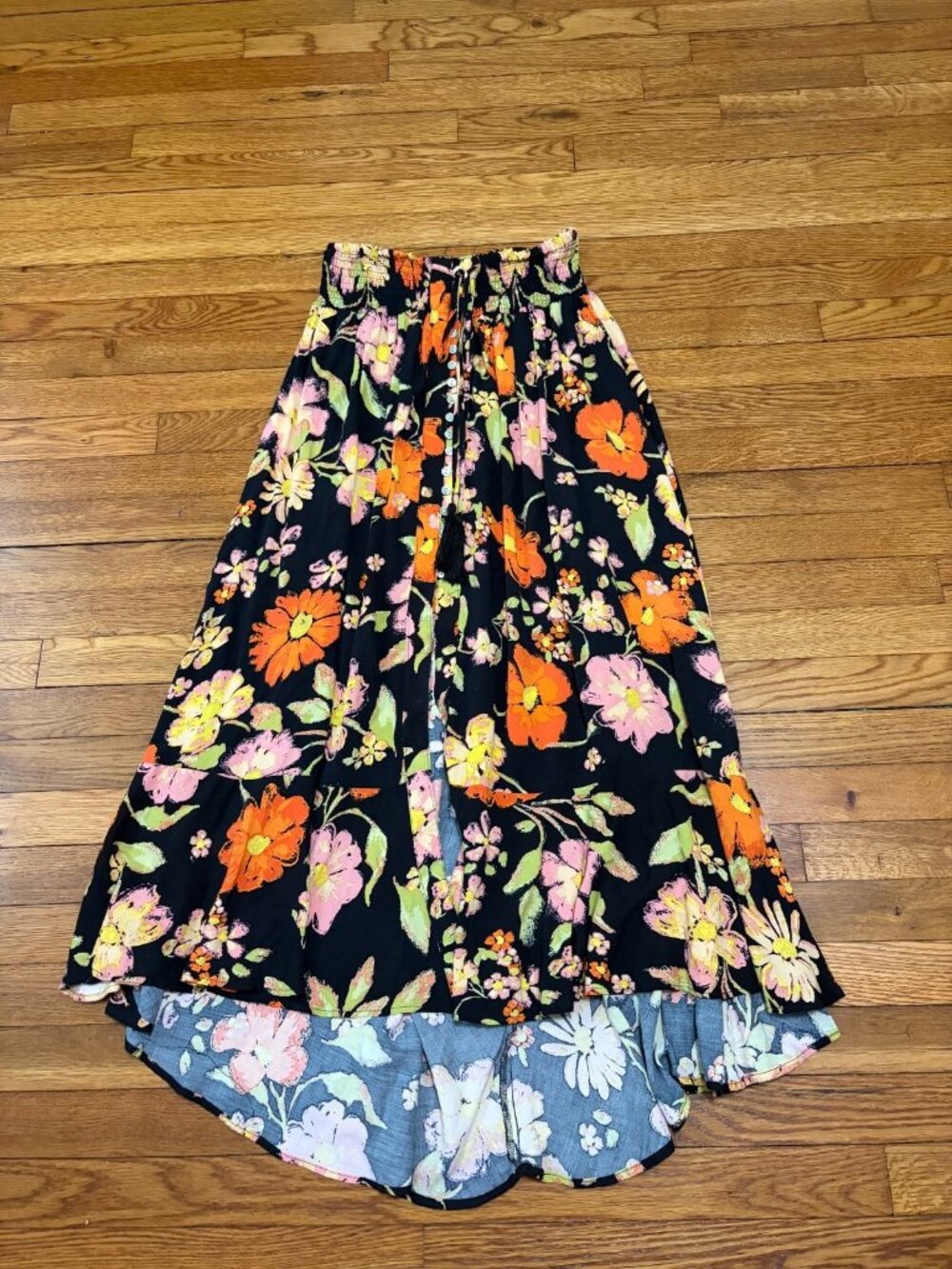 Rachel Zoe Womens Maxi Skirt Size Large Black Tropical Floral Rayon Button Front
